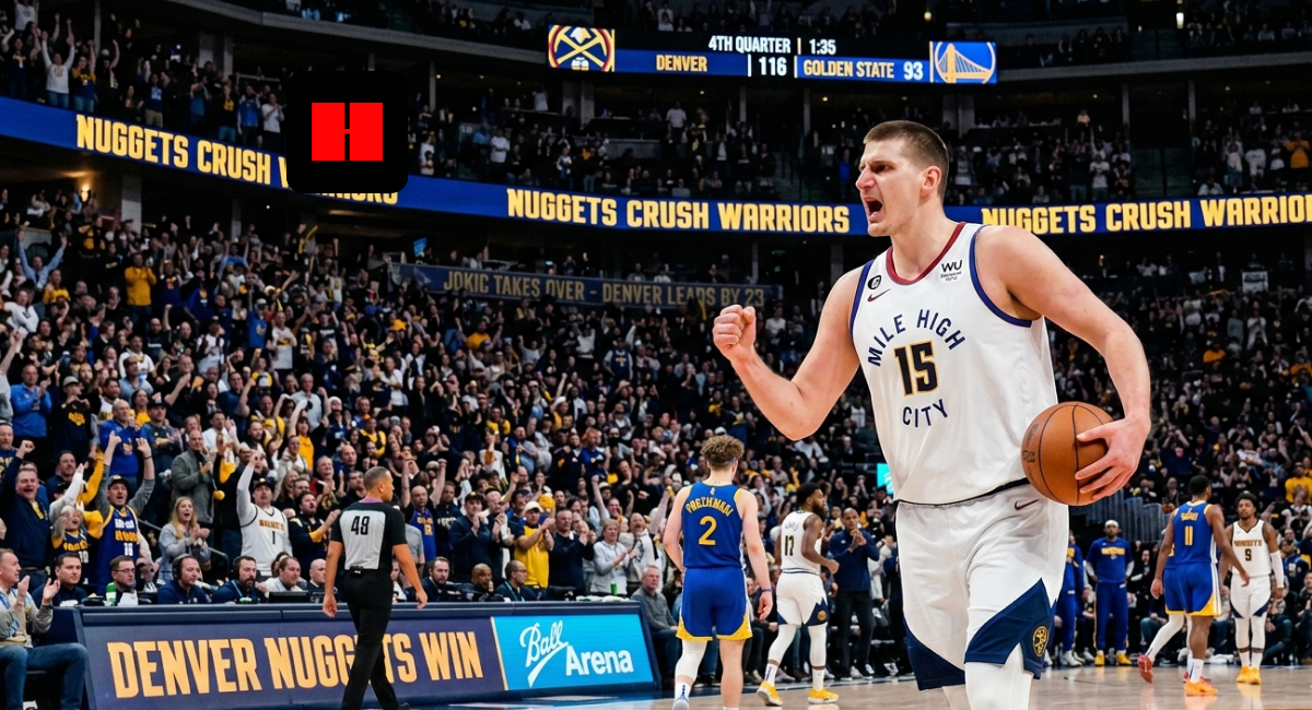 Nikola Jokic celebrates as Denver Nuggets dominate Golden State Warriors 116-93 at Ball Arena