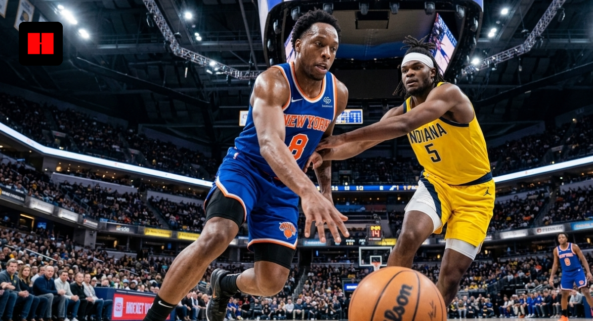 A low-angle, wide-lens action shot of New York Knicks forward OG Anunoby (number 8) dribbling a Wilson basketball past Indiana Pacers forward Jarace Walker (number 5) in a crowded NBA arena.