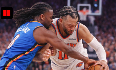 Oklahoma City Thunder player defends New York Knicks player during an intense NBA basketball game action shot