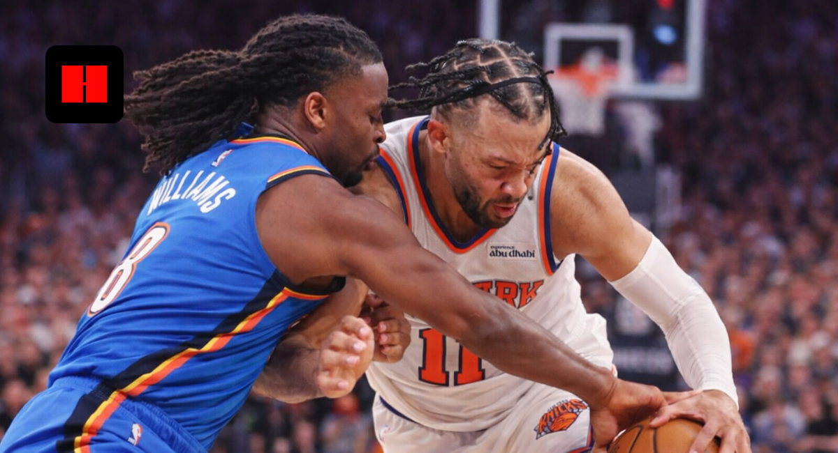 Oklahoma City Thunder player defends New York Knicks player during an intense NBA basketball game action shot