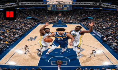 Nikola Jokic and Jamal Murray (Nuggets #27) dribble the ball, guarded by Draymond Green and another Warriors player.
