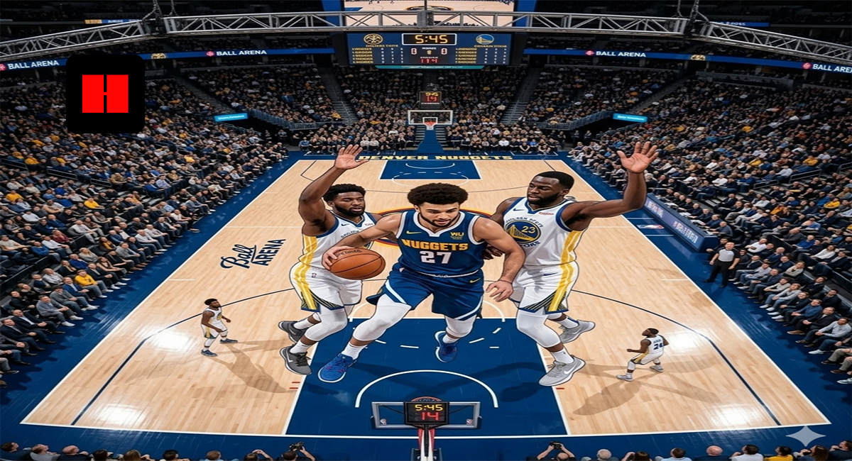 Nikola Jokic and Jamal Murray (Nuggets #27) dribble the ball, guarded by Draymond Green and another Warriors player.