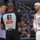 Oklahoma City Thunder player Alex Caruso standing near coach and referee during NBA game discussion on court