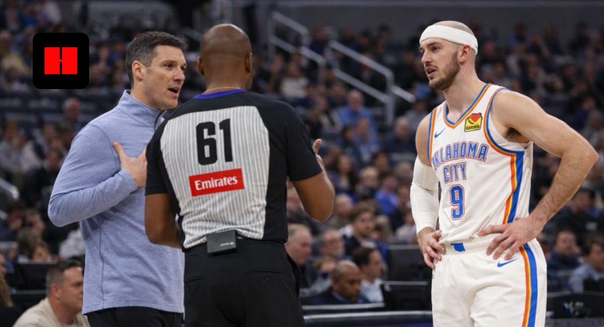Oklahoma City Thunder player Alex Caruso standing near coach and referee during NBA game discussion on court