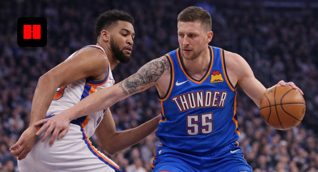 Oklahoma City Thunder player dribbling against New York Knicks defender during an NBA game action shot