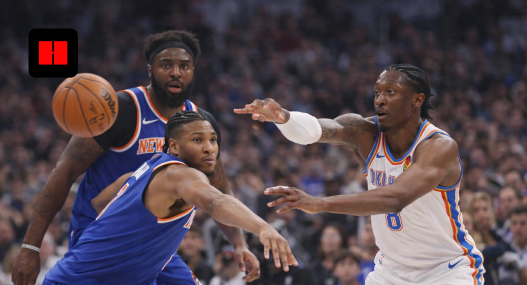 Oklahoma City Thunder player passing the ball while New York Knicks defenders react during an NBA game