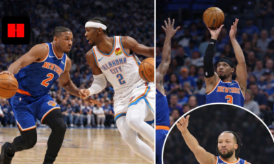 Collage of Oklahoma City Thunder vs New York Knicks NBA game featuring dribble, jump shot, and celebration moments