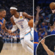 Collage of Oklahoma City Thunder vs New York Knicks NBA game featuring dribble, jump shot, and celebration moments