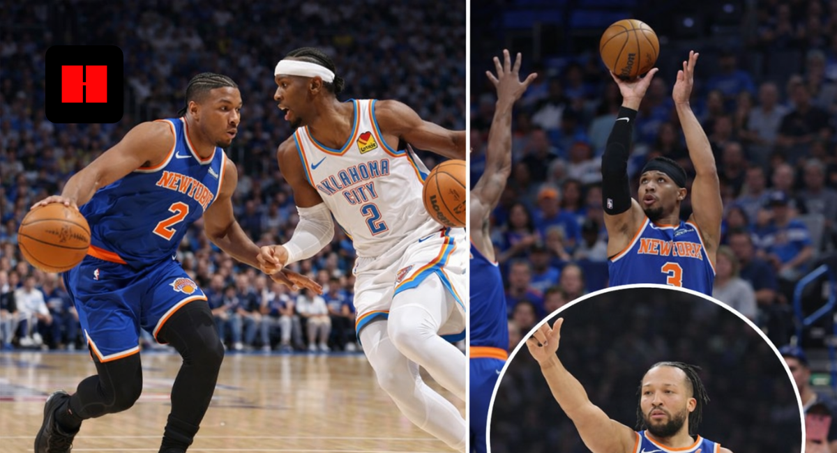 Collage of Oklahoma City Thunder vs New York Knicks NBA game featuring dribble, jump shot, and celebration moments