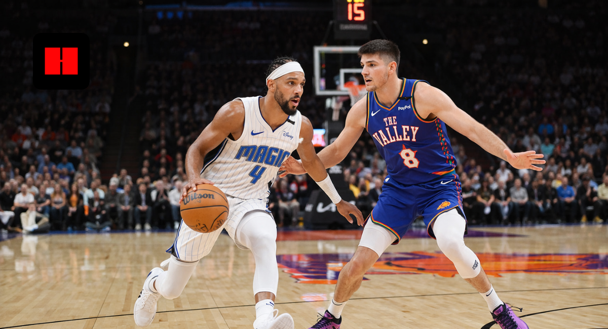 Orlando Magic player driving past Phoenix Suns defender during intense NBA basketball game