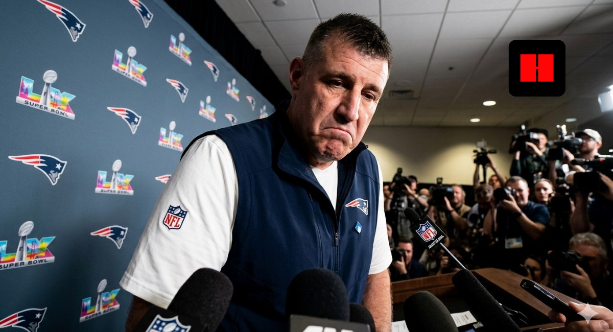 New England Patriots coach speaks to media during Super Bowl press conference with microphones and reporters gathered around