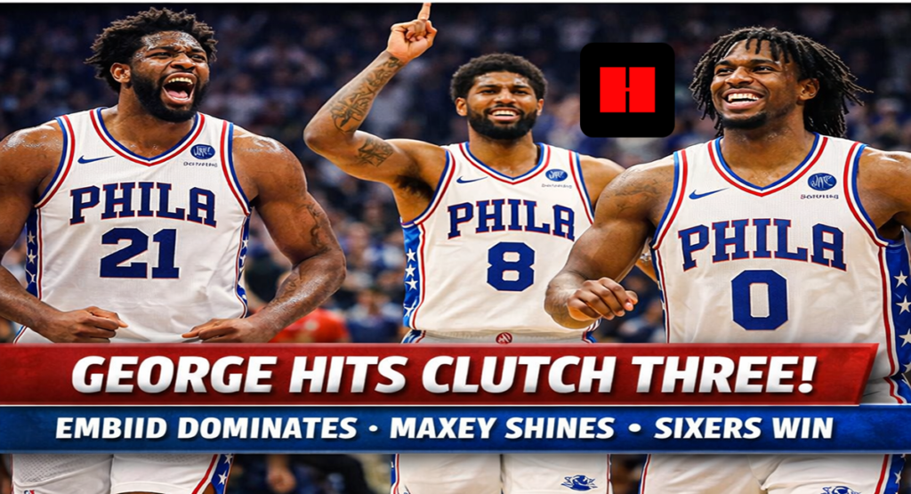 Philly's Embiid, George, and Maxey celebrate. Text: George Hits Clutch Three! Embiid Dominates, Maxey Shines, Sixers Win.