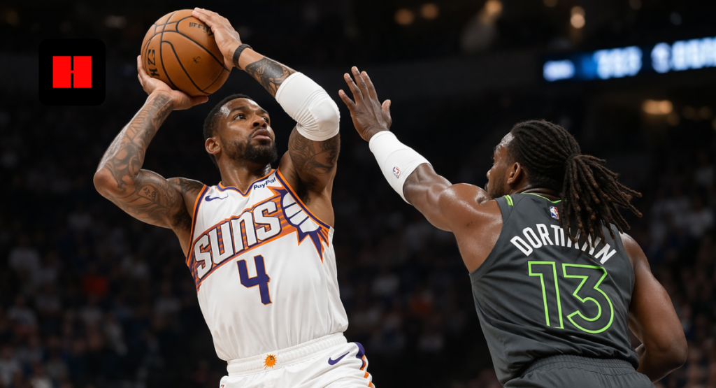 Phoenix Suns player attempting a jump shot while defended by opponent during NBA game with arena crowd in background in UHD quality