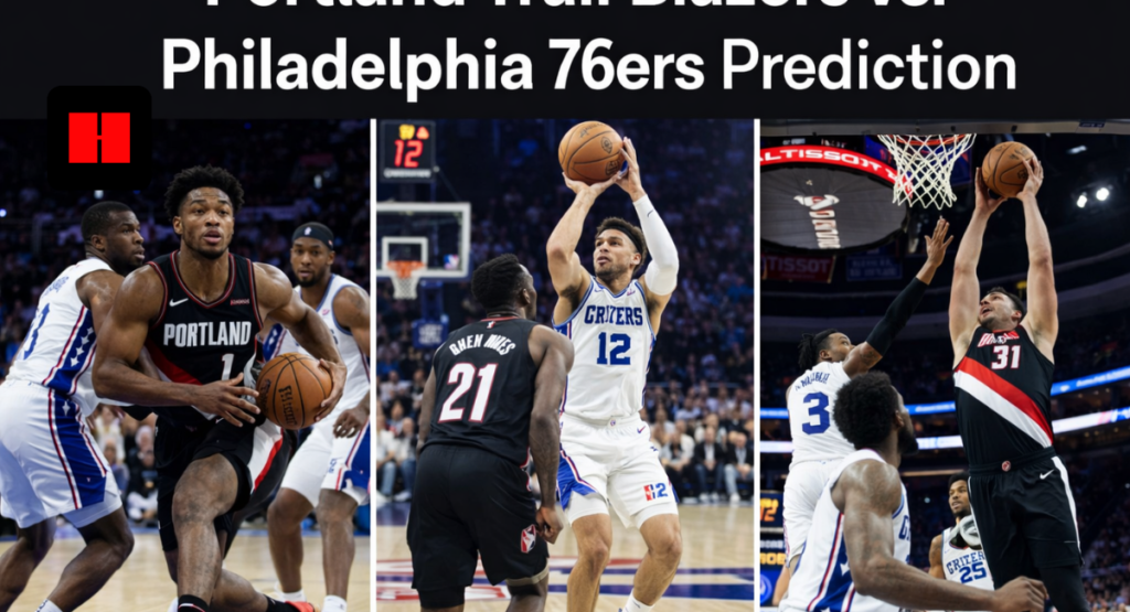 Game action collage featuring Portland Trail Blazers and Philadelphia 76ers players including a drive to the basket, a jump shot, and a rebound during an NBA matchup.