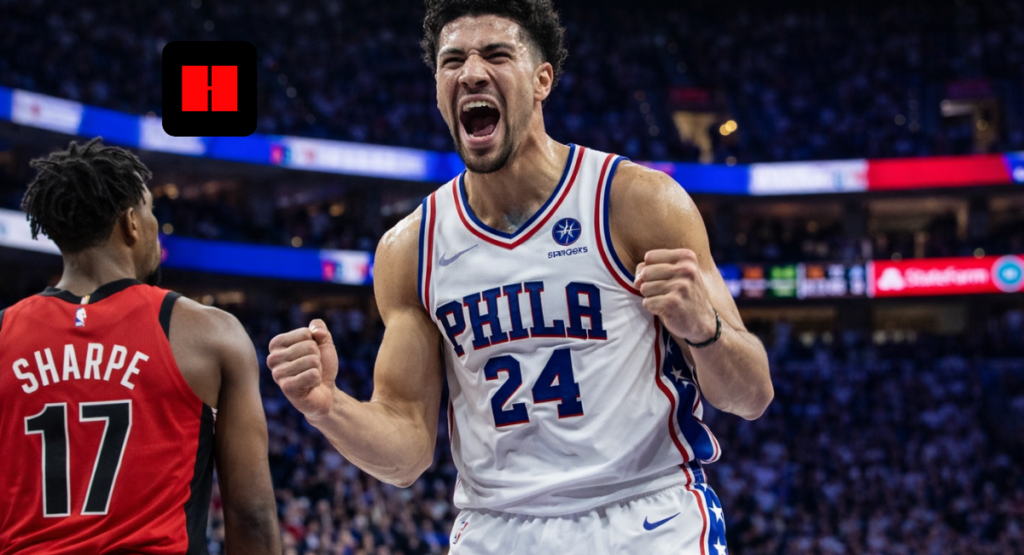 Quentin Grimes celebrates after a clutch fourth-quarter basket for the Philadelphia 76ers against the Portland Trail Blazers as Shaedon Sharpe looks on during their March 15, 2026 game in Philadelphia.