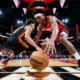 A Houston Rockets defender reaches for the ball while guarding an Atlanta Hawks player dribbling at the top of the key, captured from a low courtside angle during an NBA game.