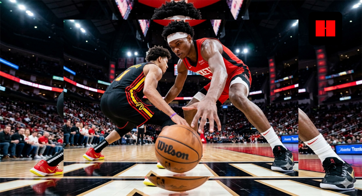A Houston Rockets defender reaches for the ball while guarding an Atlanta Hawks player dribbling at the top of the key, captured from a low courtside angle during an NBA game.