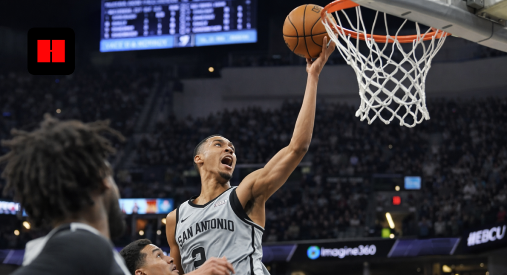 San Antonio Spurs player performing high-flying layup near basket against Phoenix Suns defender during intense NBA game.