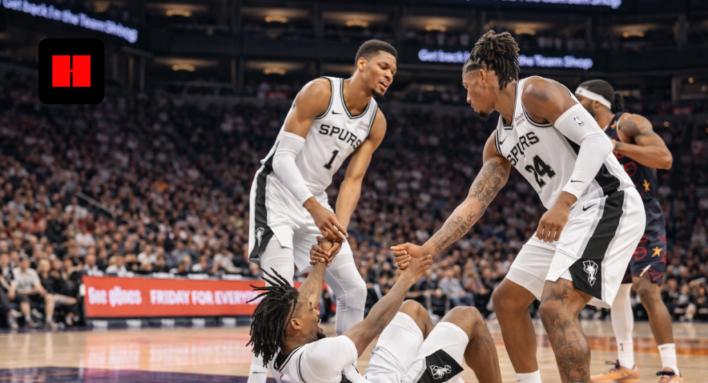 San Antonio Spurs players helping a fallen teammate during NBA game