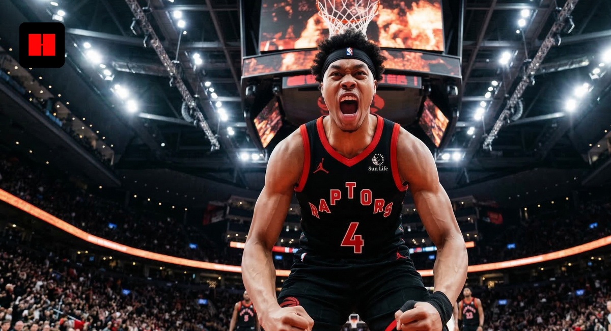 Toronto Raptors player Scottie Barnes shouting in celebration on the basketball court, low-angle action shot with arena crowd in background.