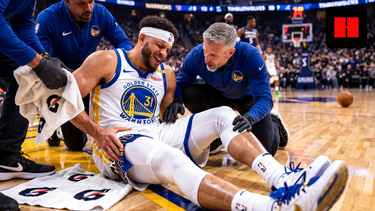 Seth Curry reacts in pain during Golden State Warriors game after suffering adductor soreness against the Minnesota Timberwolves.