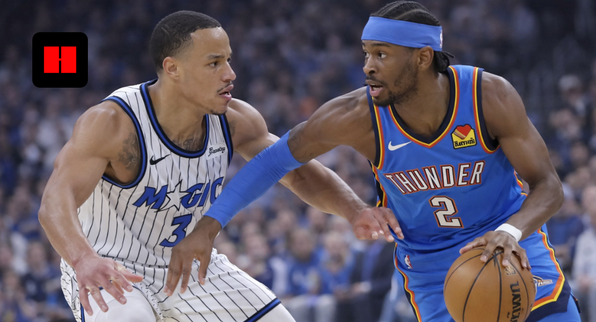 Oklahoma City Thunder's Shai Gilgeous-Alexander dribbling the basketball while being guarded by an Orlando Magic player during an NBA game.
