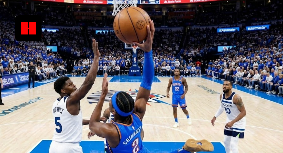 Shai Gilgeous-Alexander of the OKC Thunder driving for a layup against Anthony Edwards and Mike Conley of the Minnesota Timberwolves during a playoff game.