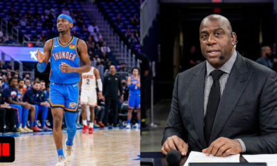 Split screen image showing Shai Gilgeous-Alexander in an Oklahoma City Thunder jersey on the left and Magic Johnson in a suit speaking as a commentator on the right.