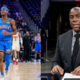 Split screen image showing Shai Gilgeous-Alexander in an Oklahoma City Thunder jersey on the left and Magic Johnson in a suit speaking as a commentator on the right.