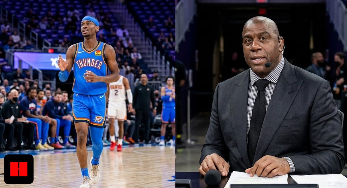Split screen image showing Shai Gilgeous-Alexander in an Oklahoma City Thunder jersey on the left and Magic Johnson in a suit speaking as a commentator on the right.