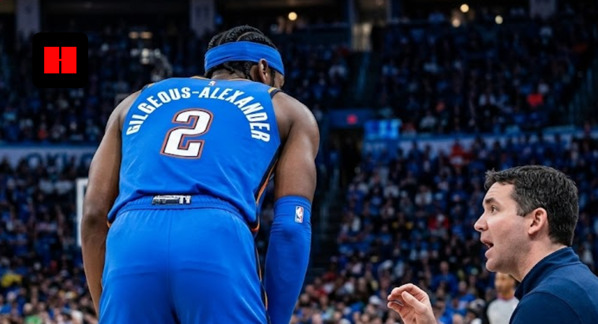 Oklahoma City Thunder star Shai Gilgeous-Alexander listening to instructions from head coach Mark Daigneault during a game.