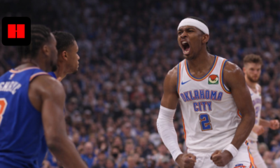 Shai Gilgeous-Alexander celebrating during Oklahoma City Thunder vs New York Knicks NBA game