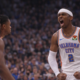 Shai Gilgeous-Alexander celebrating during Oklahoma City Thunder vs New York Knicks NBA game