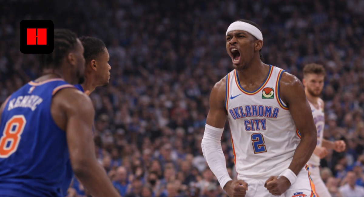 Shai Gilgeous-Alexander celebrating during Oklahoma City Thunder vs New York Knicks NBA game