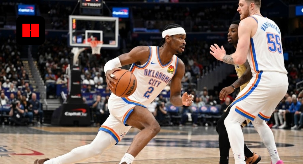 Shai Gilgeous-Alexander (2) of the Oklahoma City Thunder driving to the basket past Isaiah Hartenstein (55) during an NBA game.