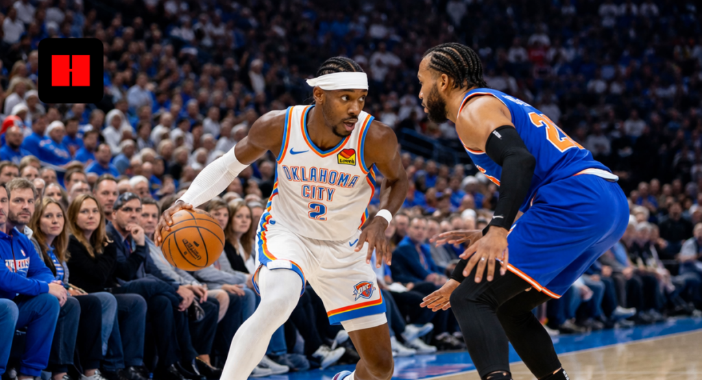 Shai Gilgeous-Alexander driving with the basketball for Oklahoma City Thunder during an NBA game