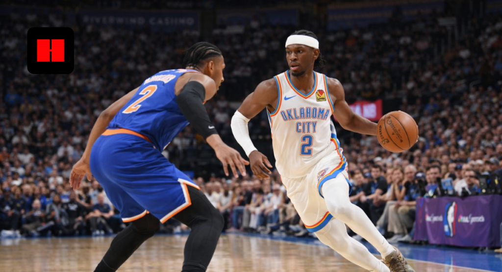 Shai Gilgeous-Alexander driving past a New York Knicks defender during an Oklahoma City Thunder NBA game