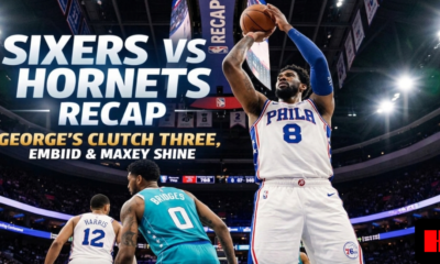 Paul George rises for a clutch three as Philadelphia 76ers face the Charlotte Hornets, with Joel Embiid and Tyrese Maxey highlighted in the game recap graphic.