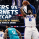 Paul George rises for a clutch three as Philadelphia 76ers face the Charlotte Hornets, with Joel Embiid and Tyrese Maxey highlighted in the game recap graphic.
