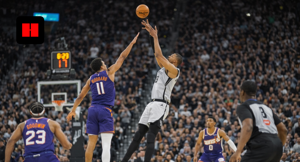 San Antonio Spurs player attempts jump shot over Phoenix Suns defender during intense NBA game action in crowded arena.