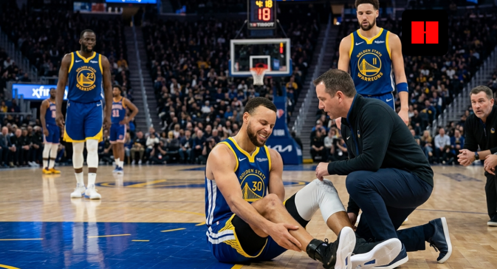 Stephen Curry reacts in pain on the court as a trainer checks his leg during a Golden State Warriors game in 2026