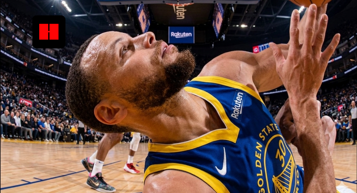Stephen Curry reacting on court during a Golden State Warriors game, close-up angle highlighting knee injury concern and game intensity in 2026 season