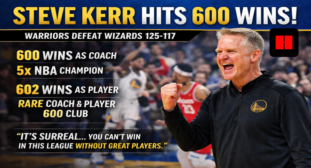 Steve Kerr celebrates on the sideline as the Warriors defeat the Wizards 125-117, marking his 600th career coaching win in the NBA.