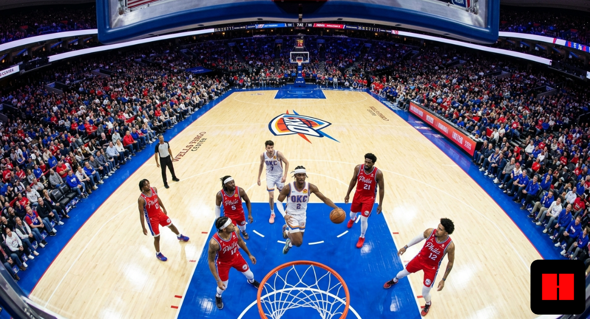 Oklahoma City Thunder guard drives for a fastbreak layup against Philadelphia 76ers defenders during a packed arena game in 2026