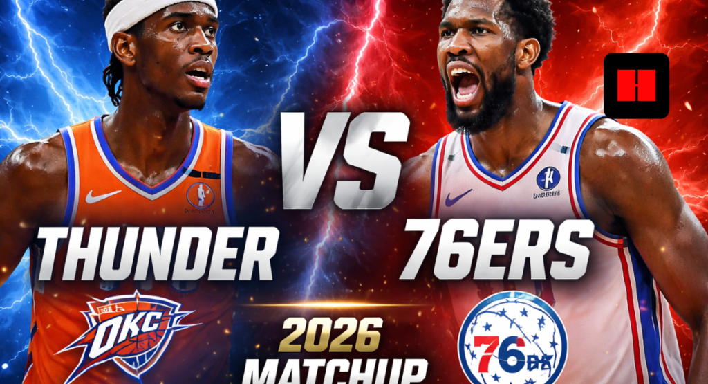 Oklahoma City Thunder vs Philadelphia 76ers game poster featuring Shai Gilgeous-Alexander and Joel Embiid with betting odds and game time displayed.