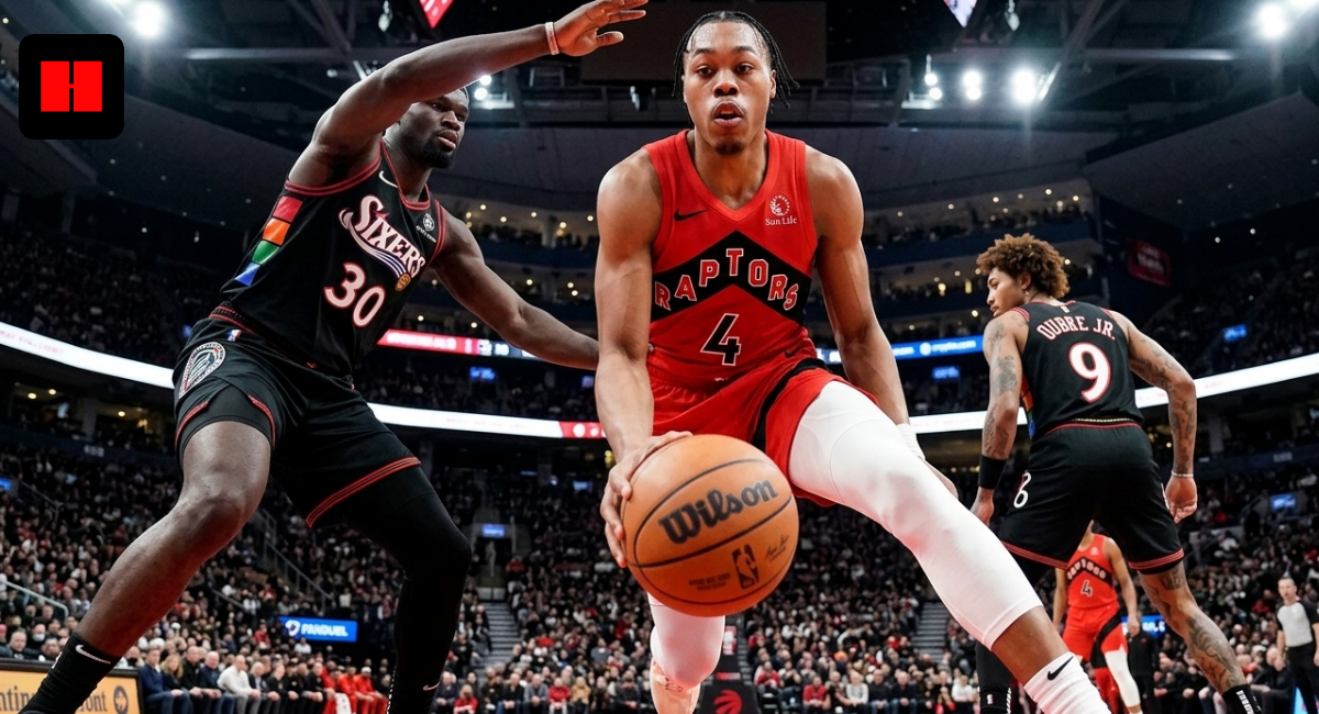 Intense wide-angle action shot of Toronto Raptors player Scottie Barnes driving to the basket during a game against the Philadelphia 76ers.