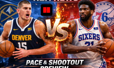 Denver Nuggets and Philadelphia 76ers players push the ball in transition highlighting fast pace offense matchup