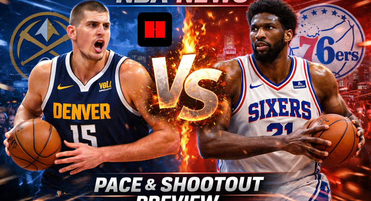 Denver Nuggets and Philadelphia 76ers players push the ball in transition highlighting fast pace offense matchup