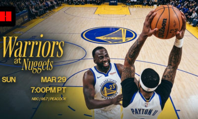 Warriors versus Nuggets basketball game promo featuring Draymond Green and Gary Payton II.