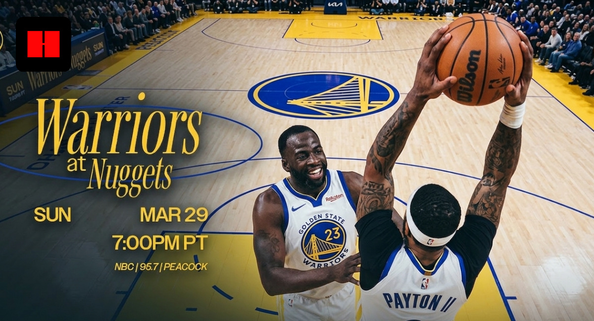 Warriors versus Nuggets basketball game promo featuring Draymond Green and Gary Payton II.